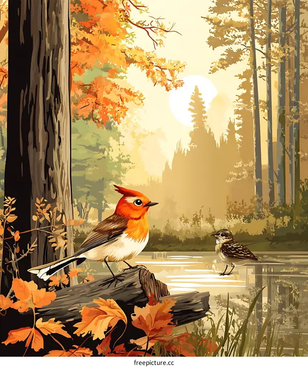 Autumn Forest Landscape With Birds And Lake