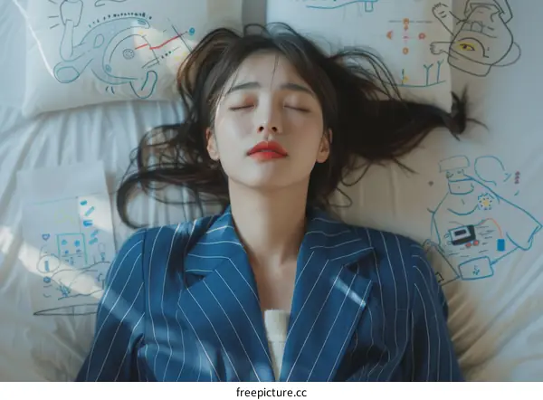 A woman in a blue suit jacket is lying on a bed with her eyes closed.