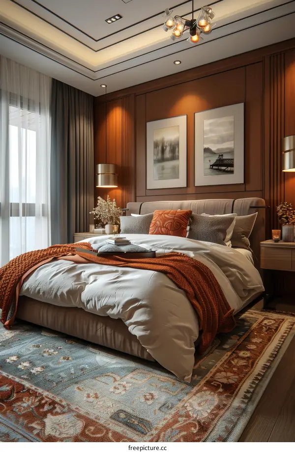 A bedroom with a large bed, two paintings, and a blue rug