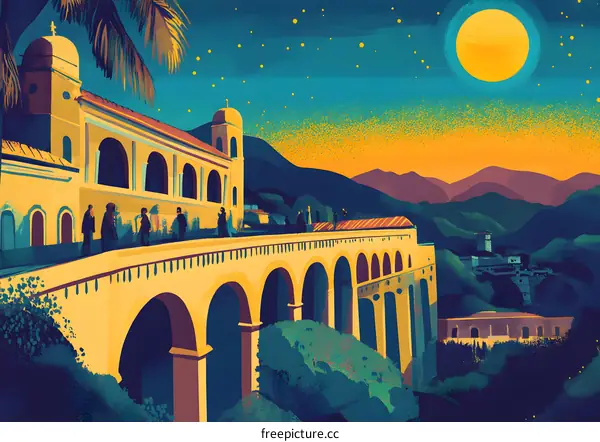 Night View of Building with Arches and People