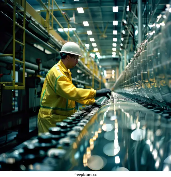 Factory Worker in Protective Gear Operating Machinery