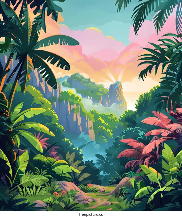 Jungle Landscape with Palm Trees and Foggy Mountains in the Distance