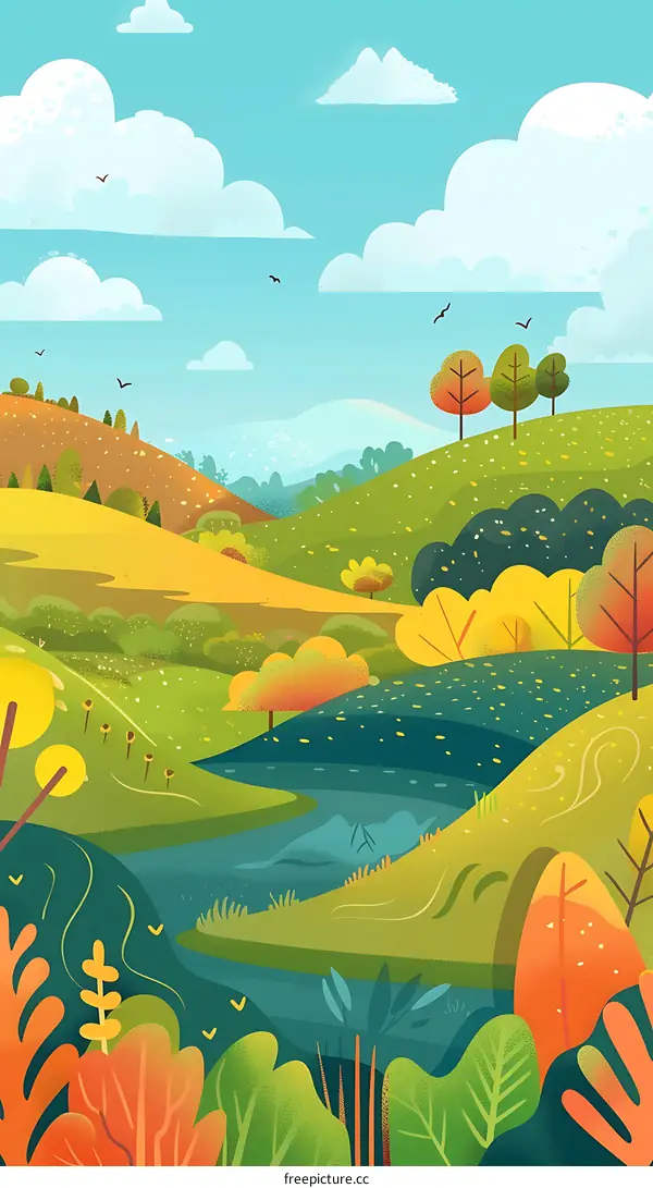 Autumn Landscape with River and Green Hills