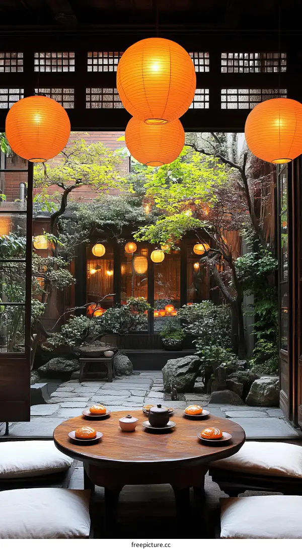 Peaceful Asian Courtyard Garden Dining Scene