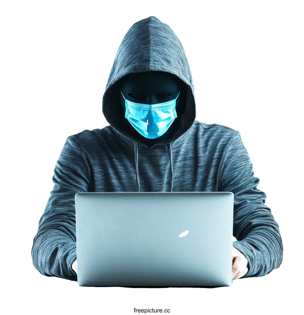 [Transparent Background PNG]Masked Hacker Working on Laptop