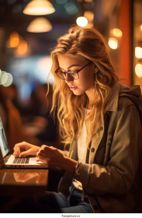 Young woman working on laptop in cafe
