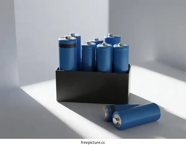 Group of blue cylindrical batteries in black box