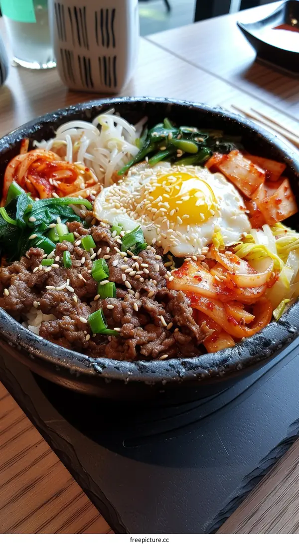 Korean Dolsot Bibimbap with Beef, Egg, Kimchi, and Vegetables in a Traditional Hot Stone Bowl