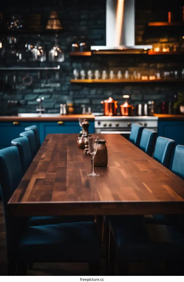 Modern Blue Kitchen with Wood Dining Set