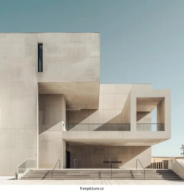 Balcony and Stairs of a Modern Concrete Building with Geometric Shapes