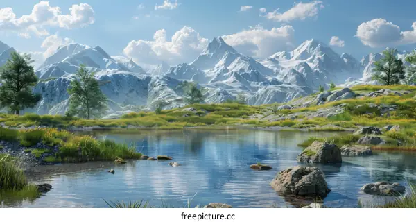 Snowcapped Mountain over Serene Green Lake