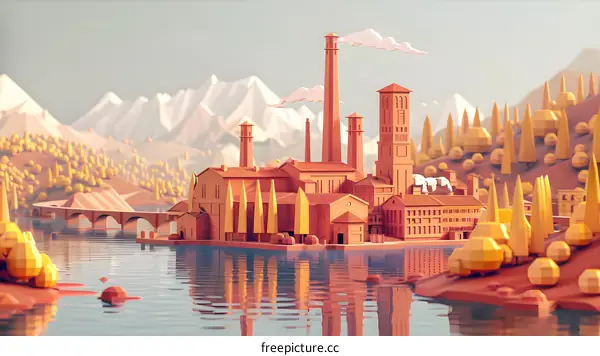 3D rendering of a factory near a river