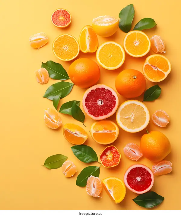 Fresh Citrus Fruits and Green Leaves on Yellow Background