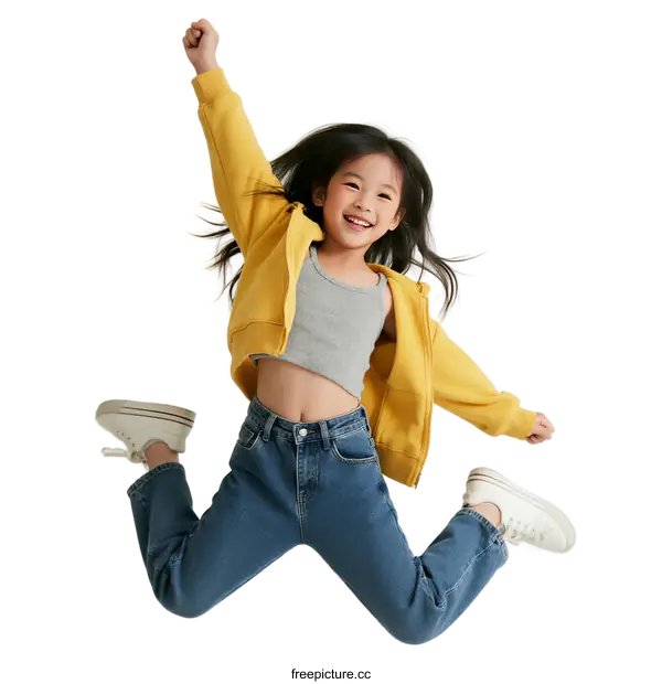 [Transparent Background PNG]A joyful little girl jumping with arms and legs spread out