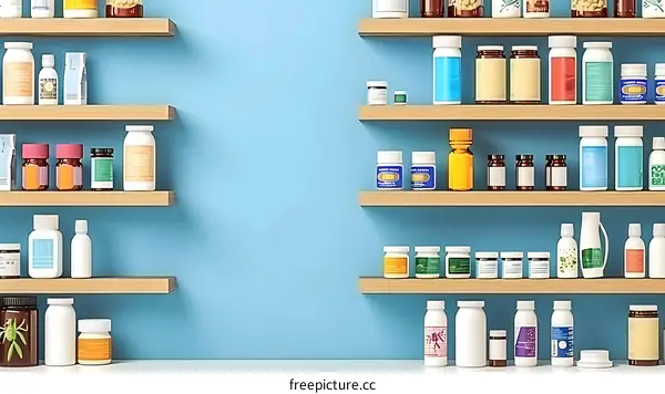 Medicine Bottles on Shelves 3D Render