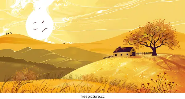 Autumn Landscape with Farmhouse and Tree