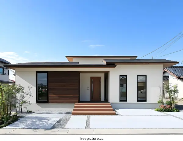Modern Minimalist Japanese Style House with Wooden Accent Wall and Gravel Driveway