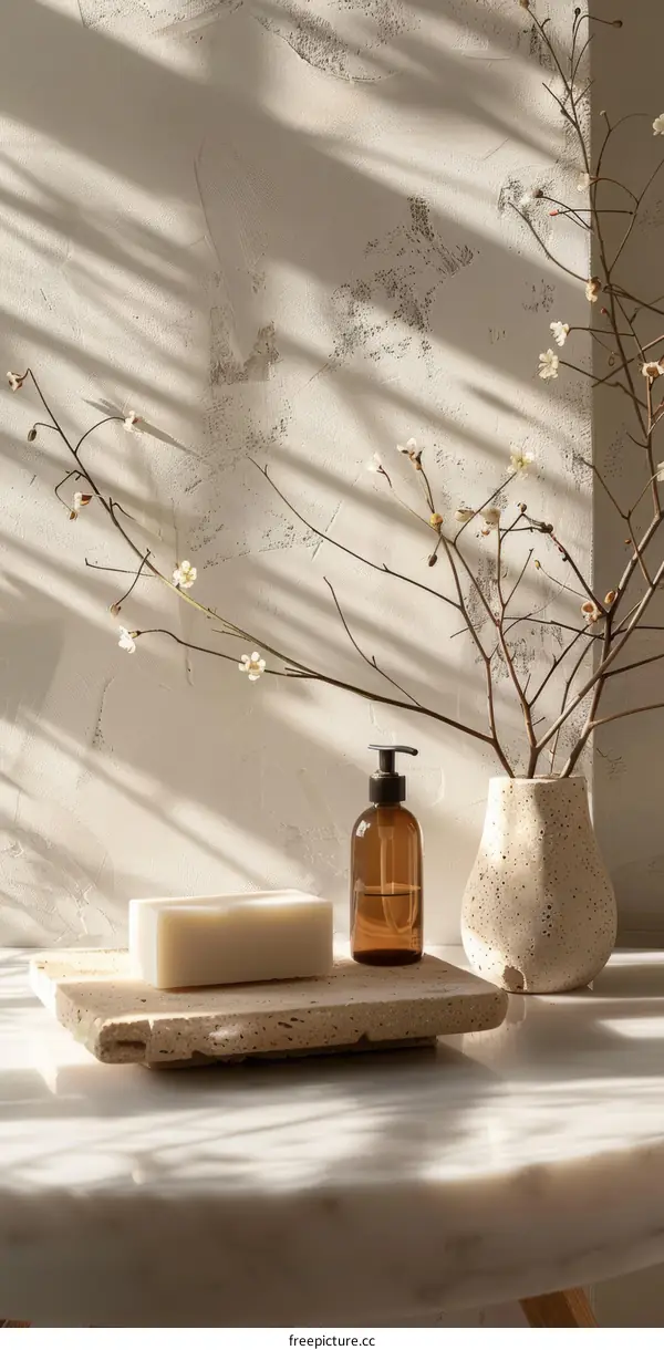 Dried flowers and soap on marble table
