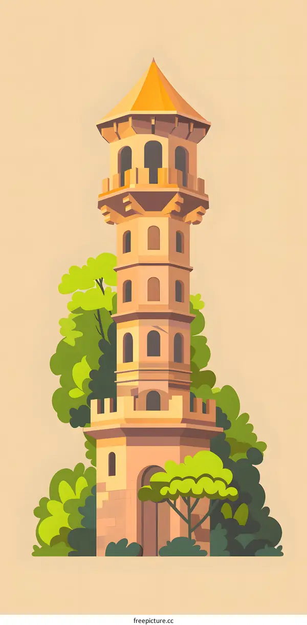 Old Stone Tower with Archway and Trees in Illustration
