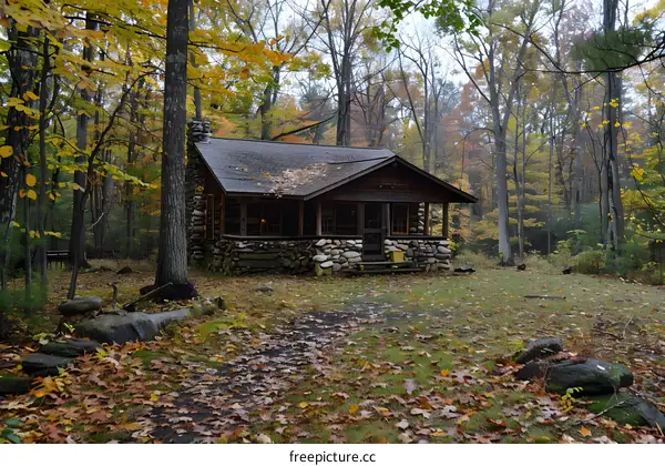 A small cabin nestled in the woods with colorful fall foliage