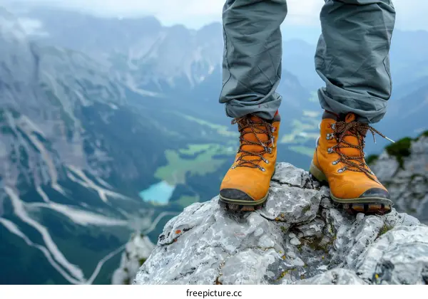 A person standing on a rock in the mountains