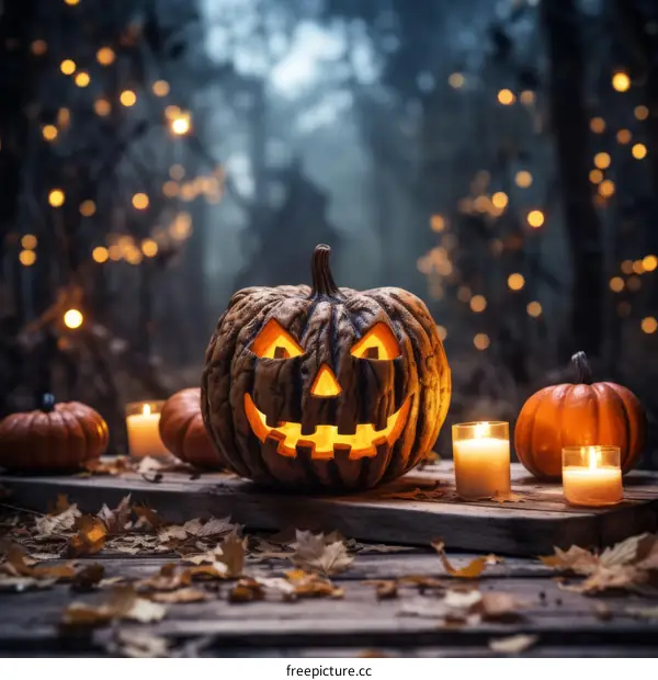 Halloween Pumpkin in the Forest at Night with Candles