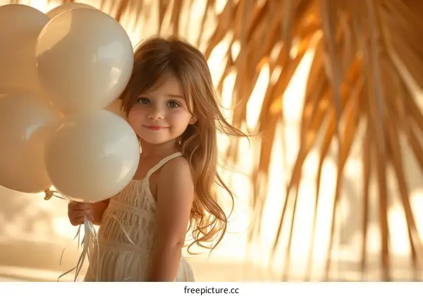 Little girl with blonde hair holding white balloons and smiling