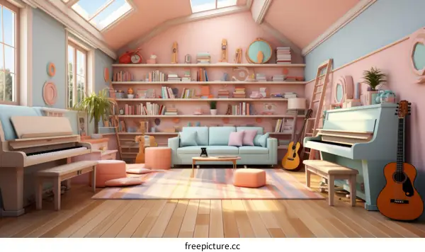 Cozy pink and blue living room with bookshelves, sofa, piano and guitar
