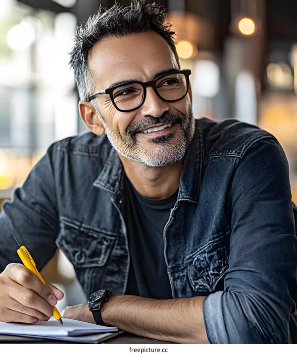 Smiling Man Wearing Glasses Writing In Notebook