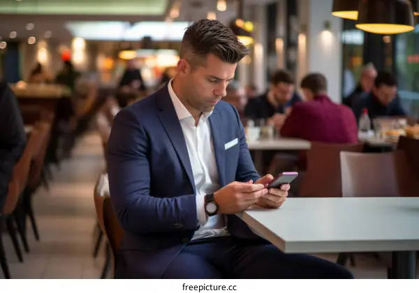 Businessman in suit using smartphone in restaurant