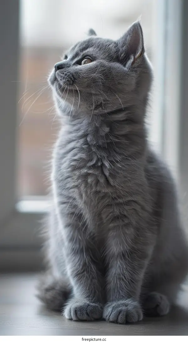 A cute gray kitten is sitting on the floor and looking up at something