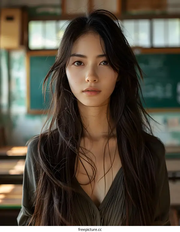 Portrait of a Young Asian Woman with Long Black Hair