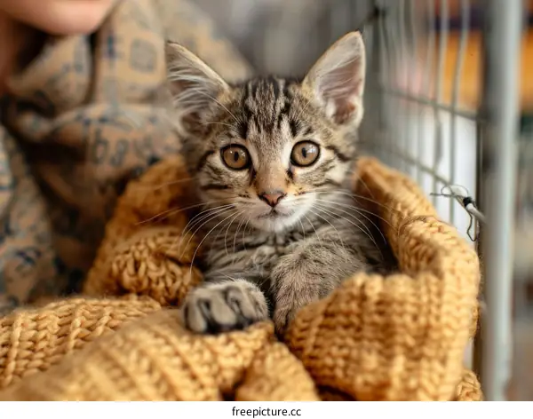 Adorable Little Tabby Kitten Snugly Wrapped in a Yellow Blanket