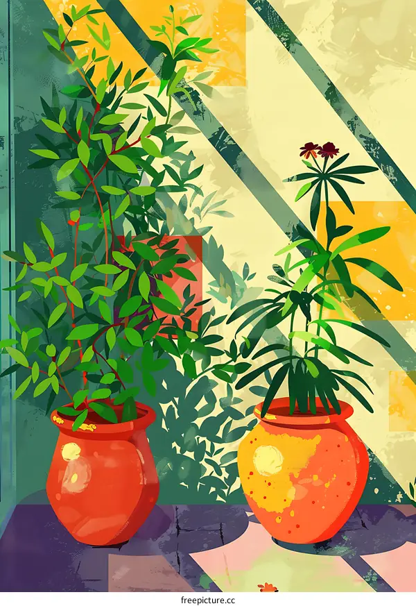 Two potted plants with a yellow background and green stripes