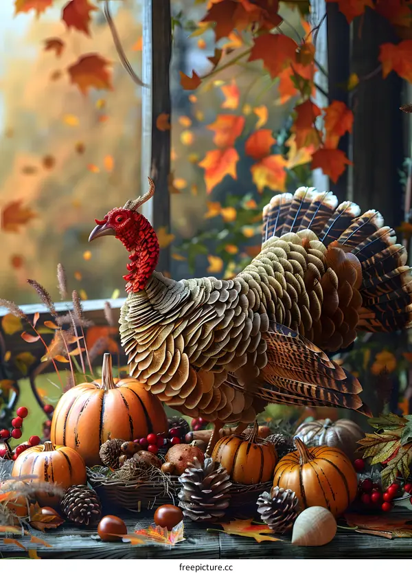 Thanksgiving Turkey with Pumpkins and Autumn Leaves