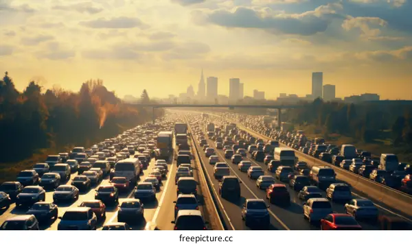 Longitudinal elevated view of busy urban highway at sunset
