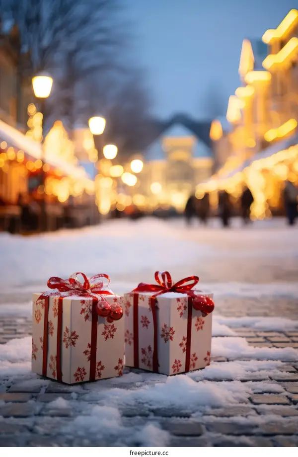 Two wrapped presents with red ribbon left on snowy street with blurred background of people walking by at a Christmas market