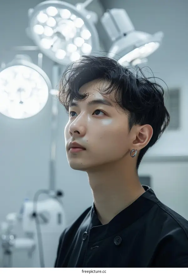 Portrait of a young Asian man in a black shirt looking up at the surgical lights in a hospital operating room