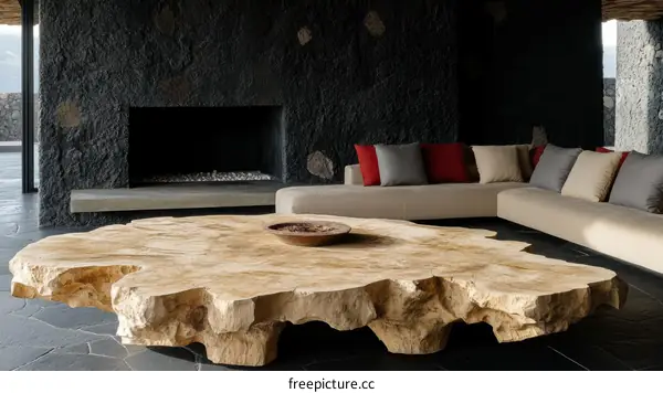 Modern Minimalist Living Room with Unique Wooden Coffee Table