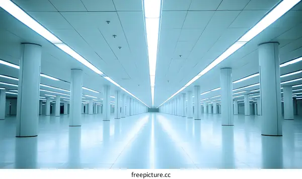 Empty Room with White Columns and Fluorescent Lighting