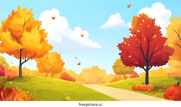 Autumn Landscape With Trees And Pumpkins