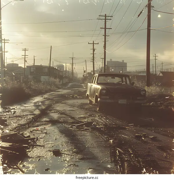 A lone car sits abandoned on a vacant lot overgrown with weeds.