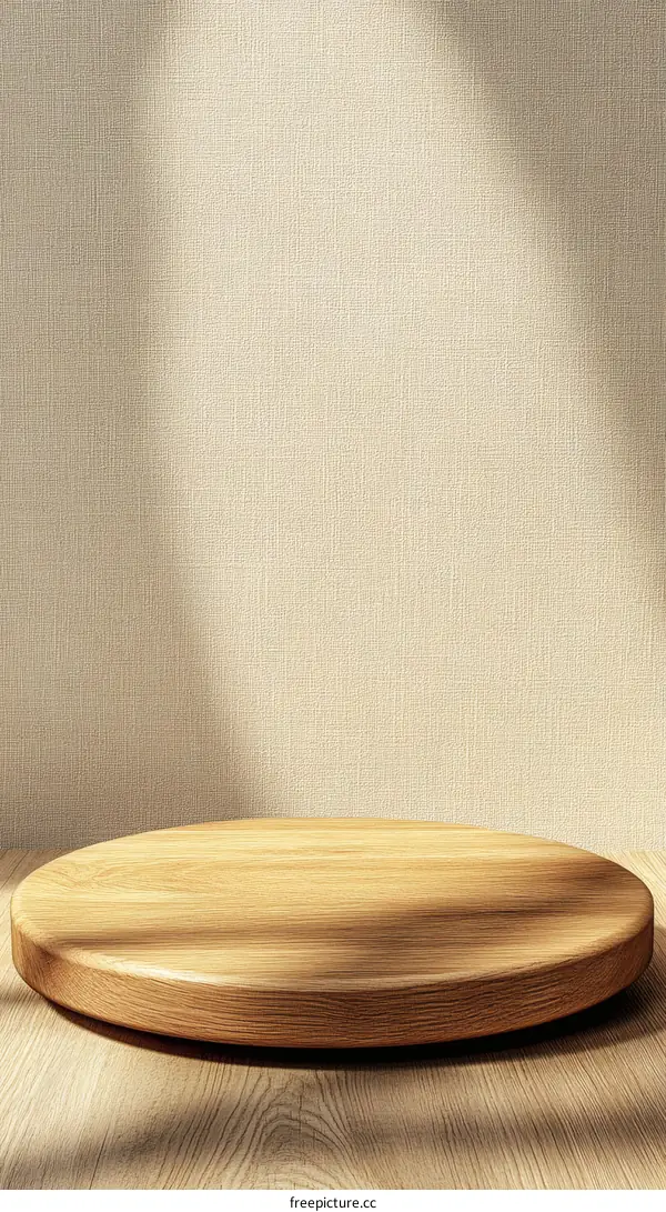 Wooden Round Display Stand Against Beige Wall