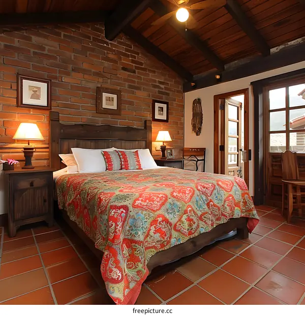 Rustic Bedroom with Brick Wall and Tile Floor