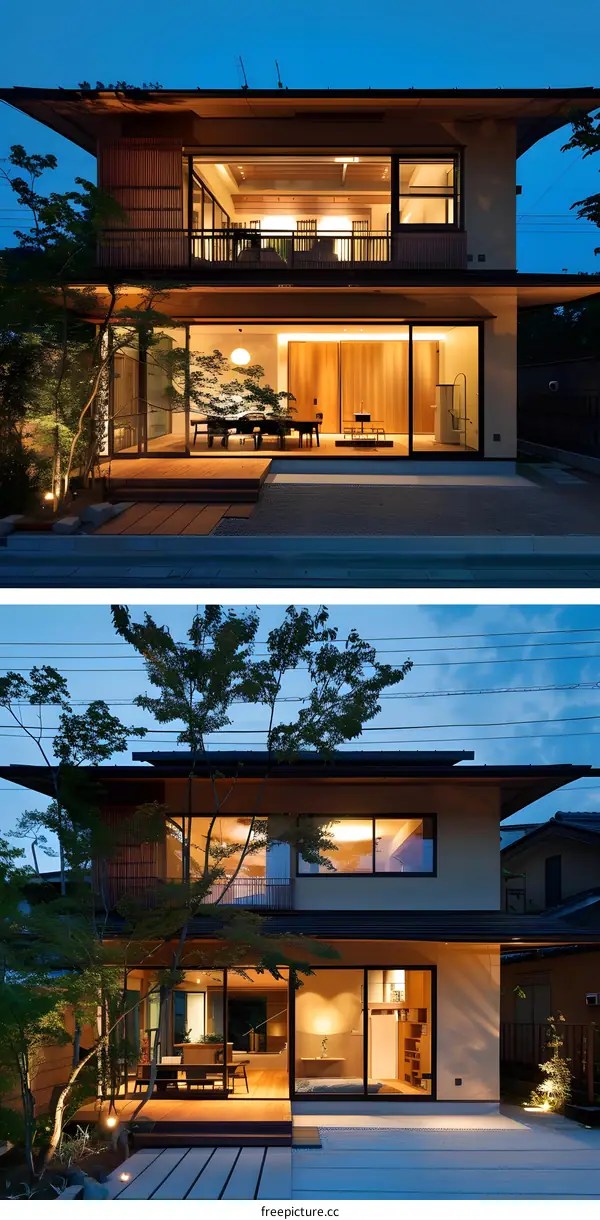 Modern Japanese Home Exterior with Wooden Deck and Garden
