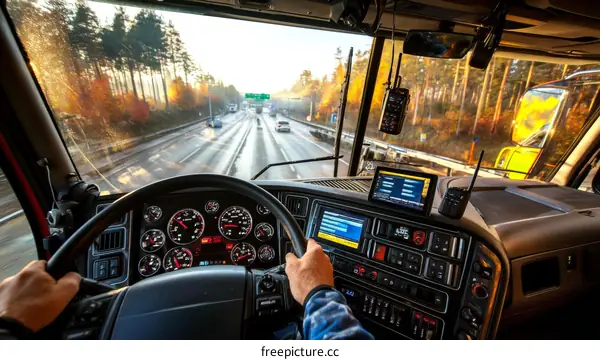 Truck Driver Driving on Highway with Autumn Trees