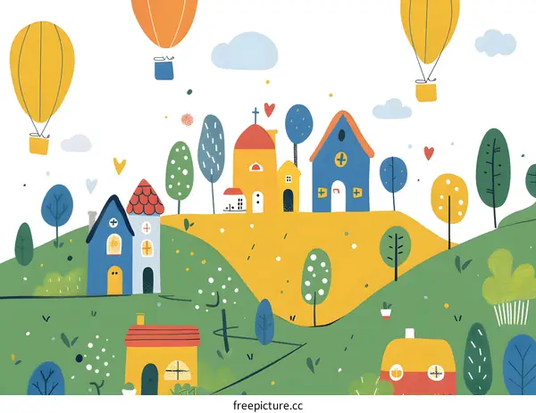 Cute Hand Drawn Village Illustration With Hot Air Balloons