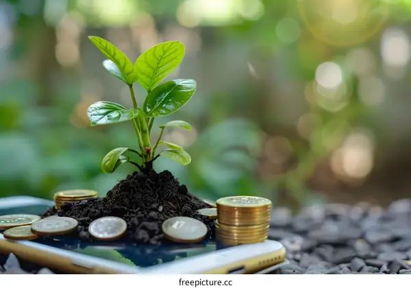 Growth and Investment Concept with Plant Sprouting from Soil on Smartphone with Coins