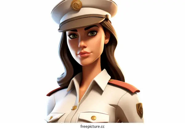 3D Illustration of Female Police Officer in White Uniform