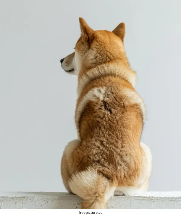 A ginger Shiba Inu dog sits on a concrete surface with its back to the camera